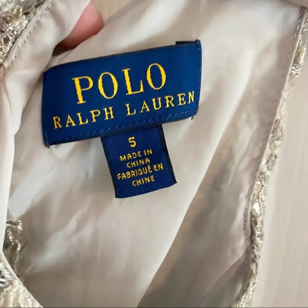 Polo Ralph Lauren Girls Dress Size 5 Lace metallic silver flower special formal
